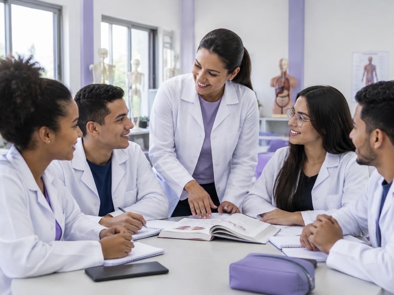 Professora discutindo um caso com estudantes da saúde
