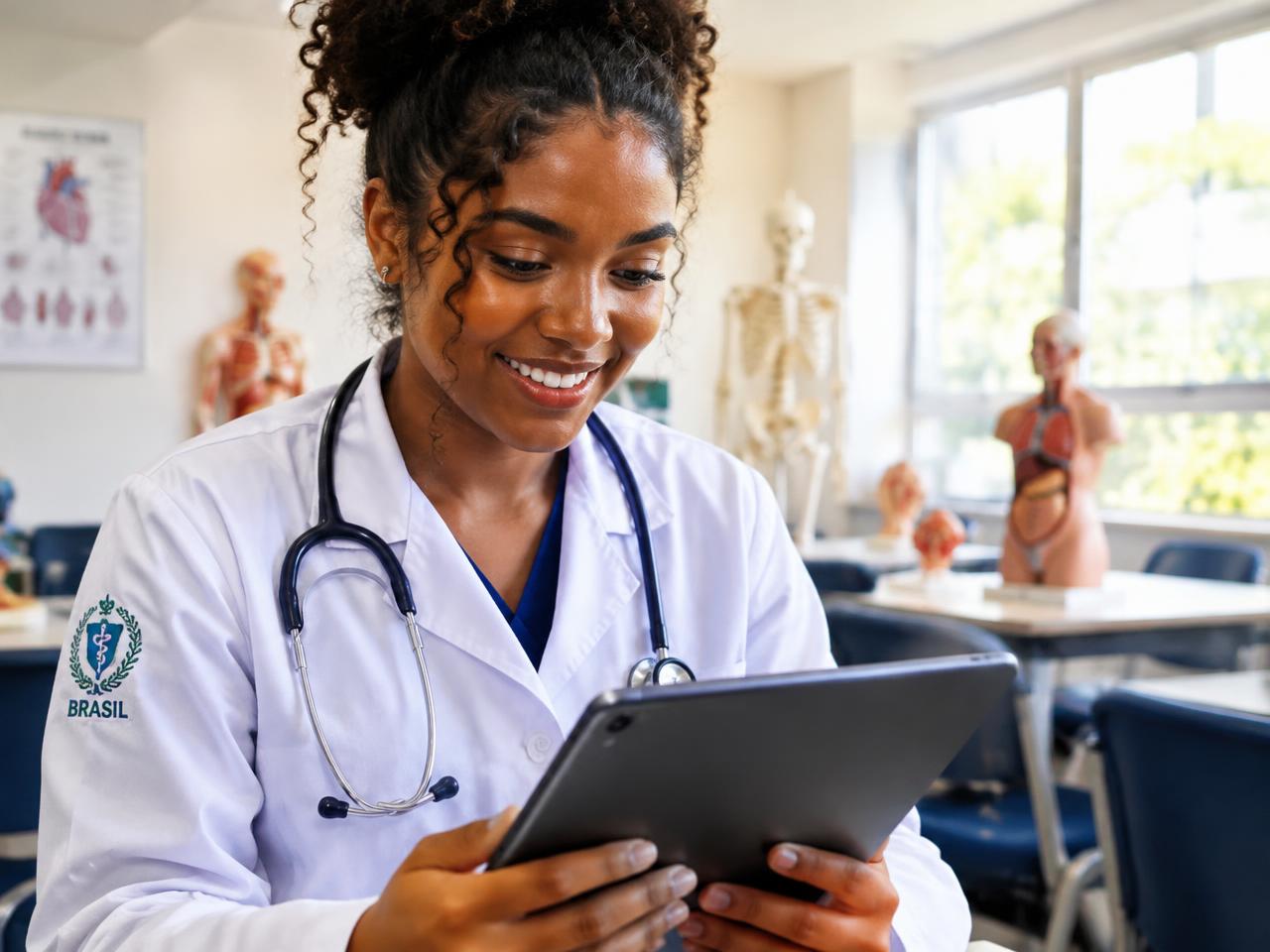 Estudante da saúde de jaleco estudando no tablet