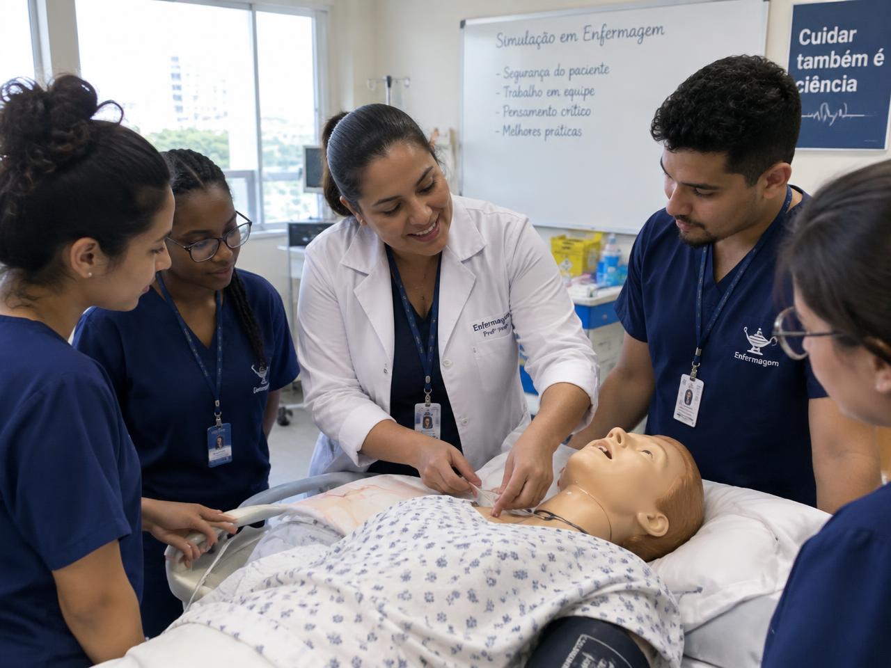 Professora de enfermagem orientando alunos em laboratório de simulação